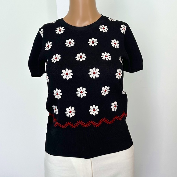 RED Valentino XS Black Knit Short-Sleeve Terrace Jacquard Knit Top - Picture 2 of 6